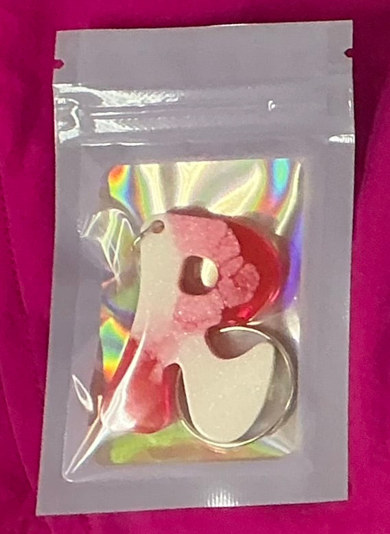 Mini White and Red Letter R Keychain