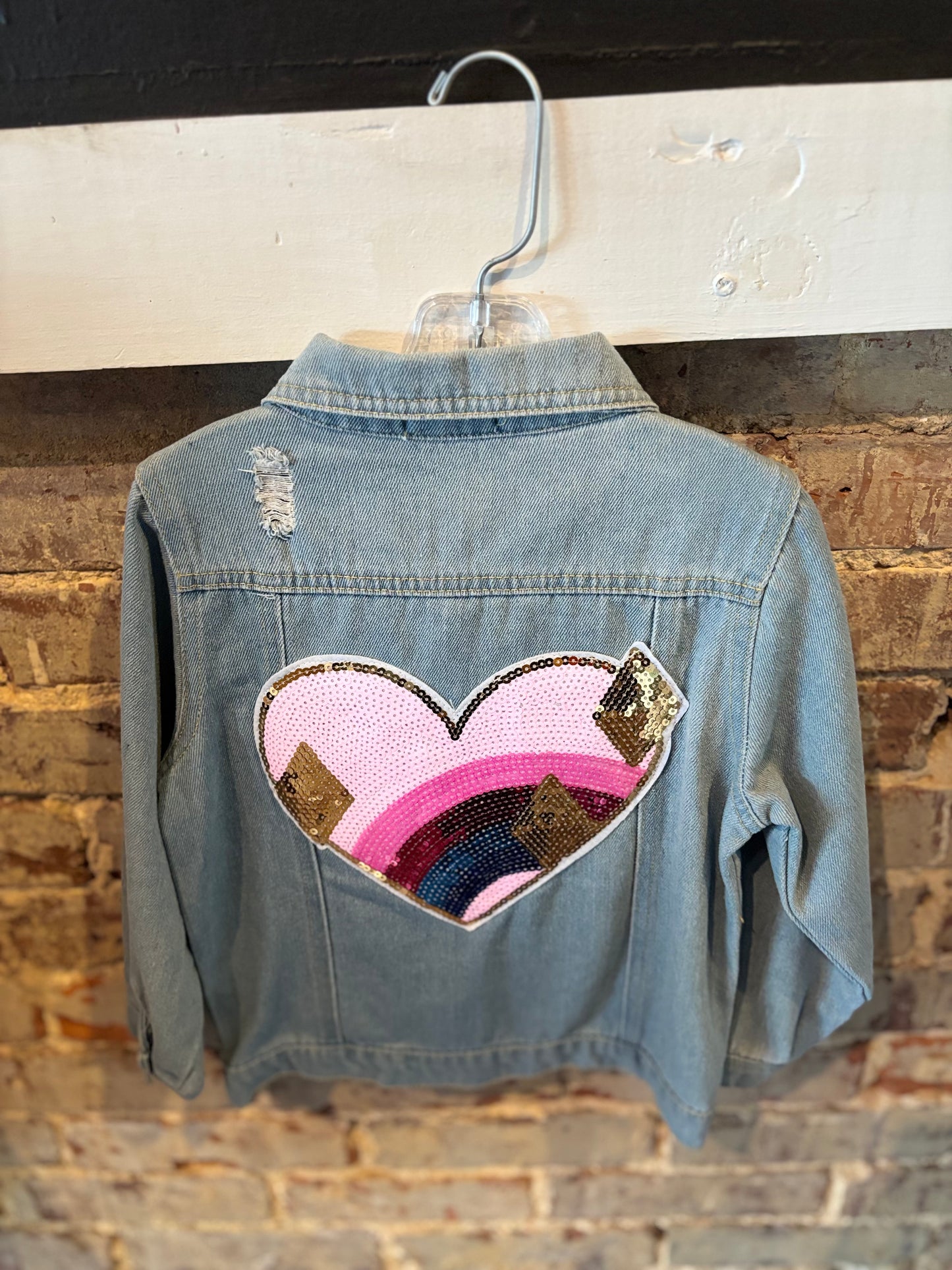 Distress Heart Seqined Denim Jacket