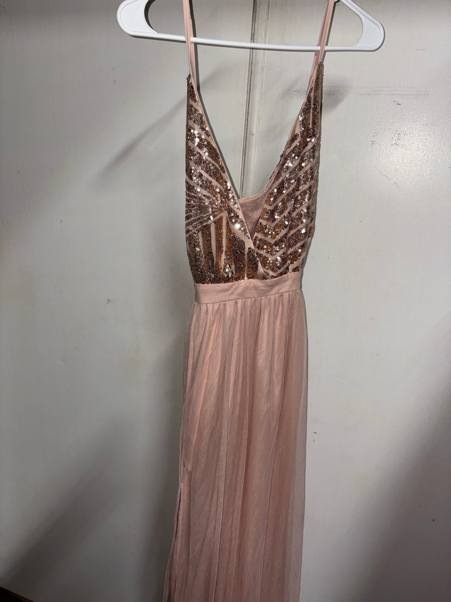 Women’s Large Rose Gold Sequins Spaghetti Strap Formal Gown