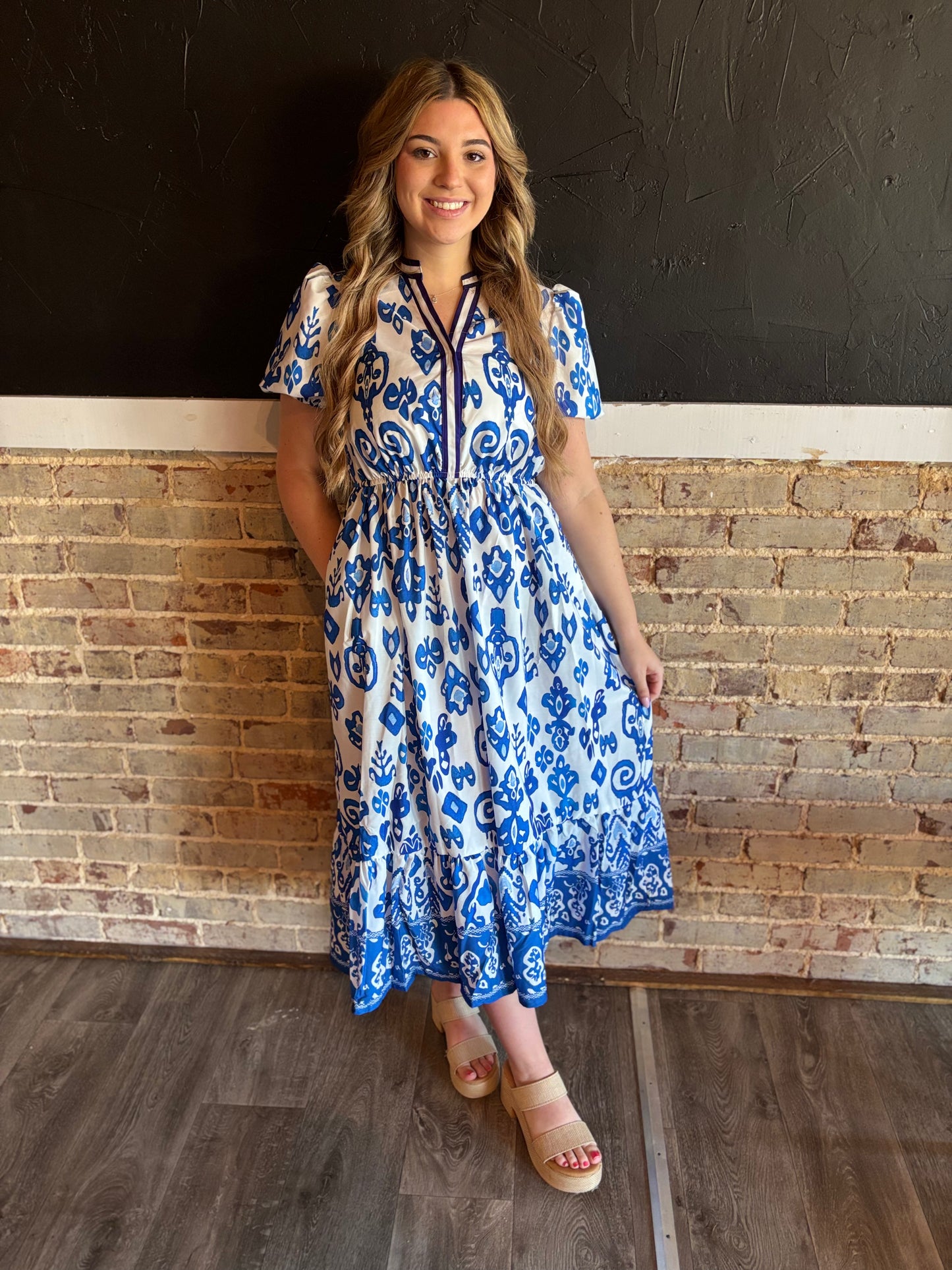 Blue Floral Puff Sleeve V Neck Dress
