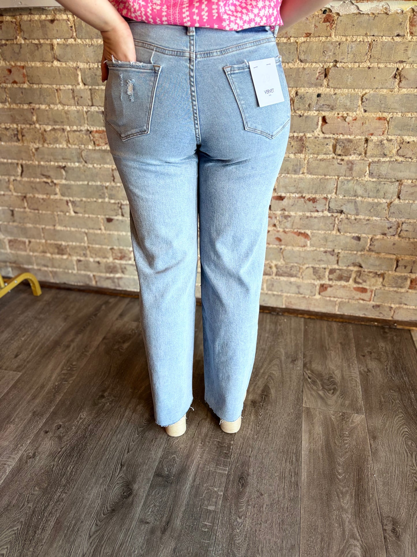 Vervet High Rise Clean Cut Raw Hem Wide Leg Jeans