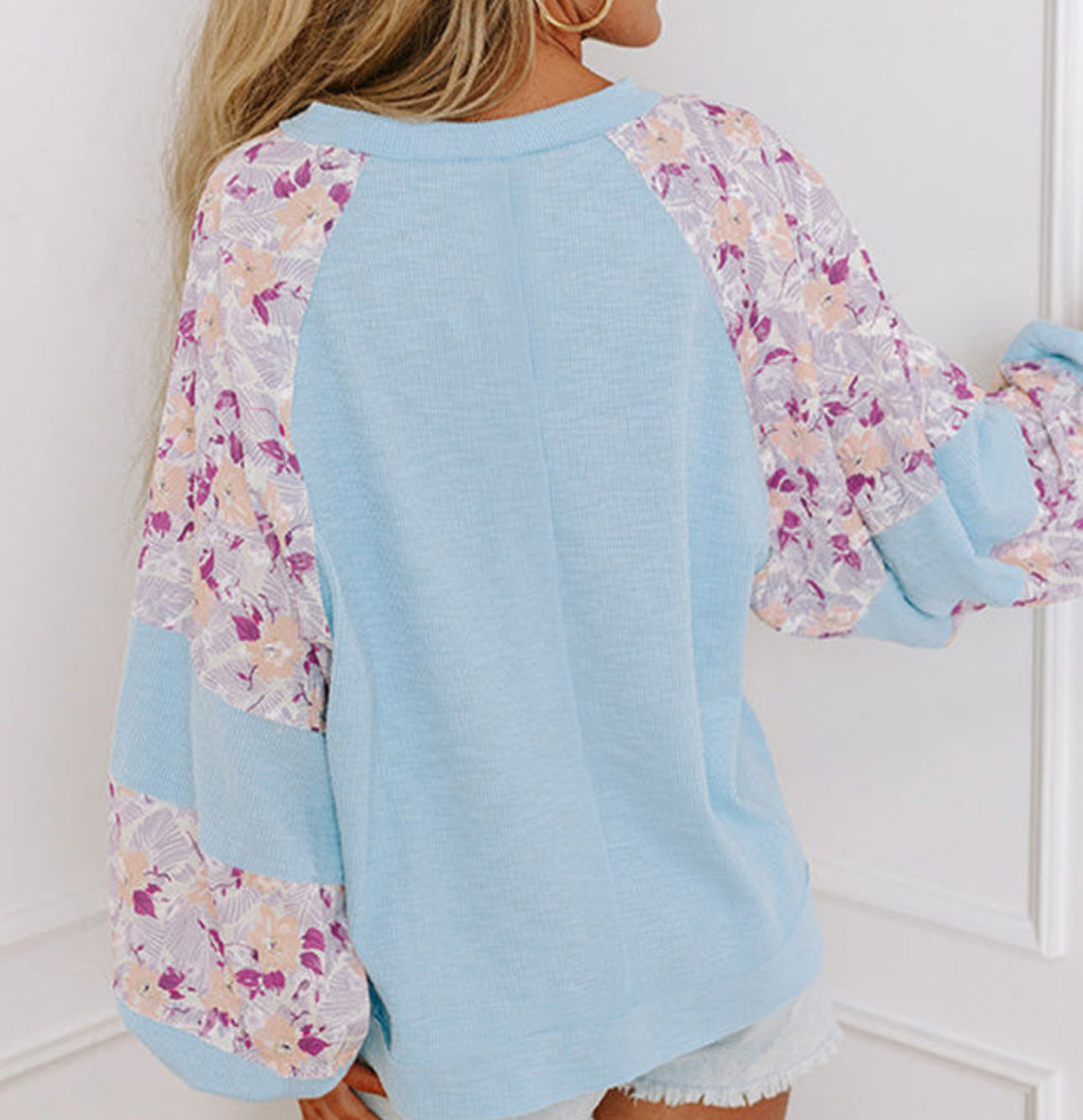 Blue Textured Floral Patch Puff Sleeve