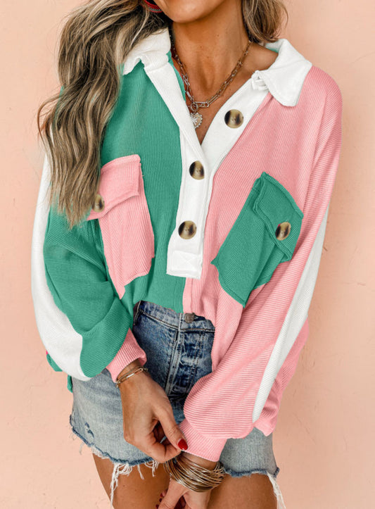 Green and Pink Color Block Sweater