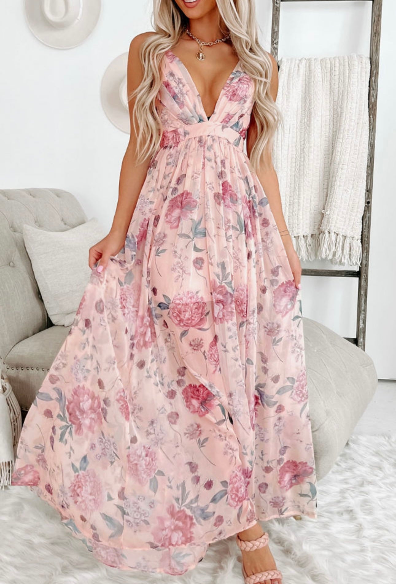 Pink Floral Backless Maxi Dress