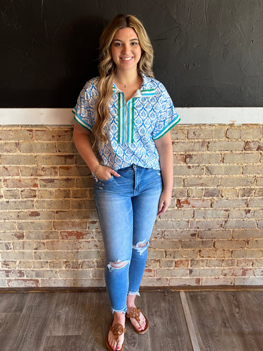 Blue Printed 3/4 Sleeve