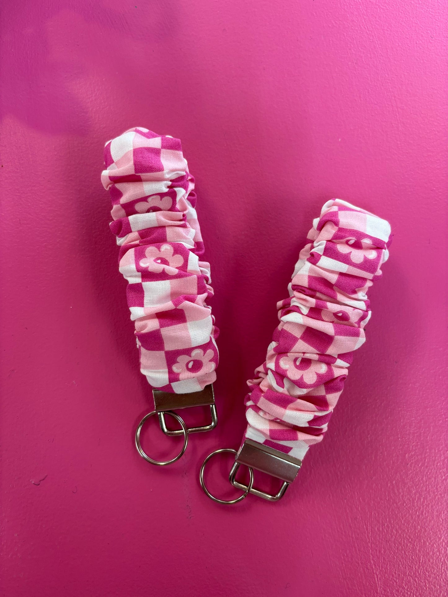 Pink Checkered Flower Scrunchie Keychain