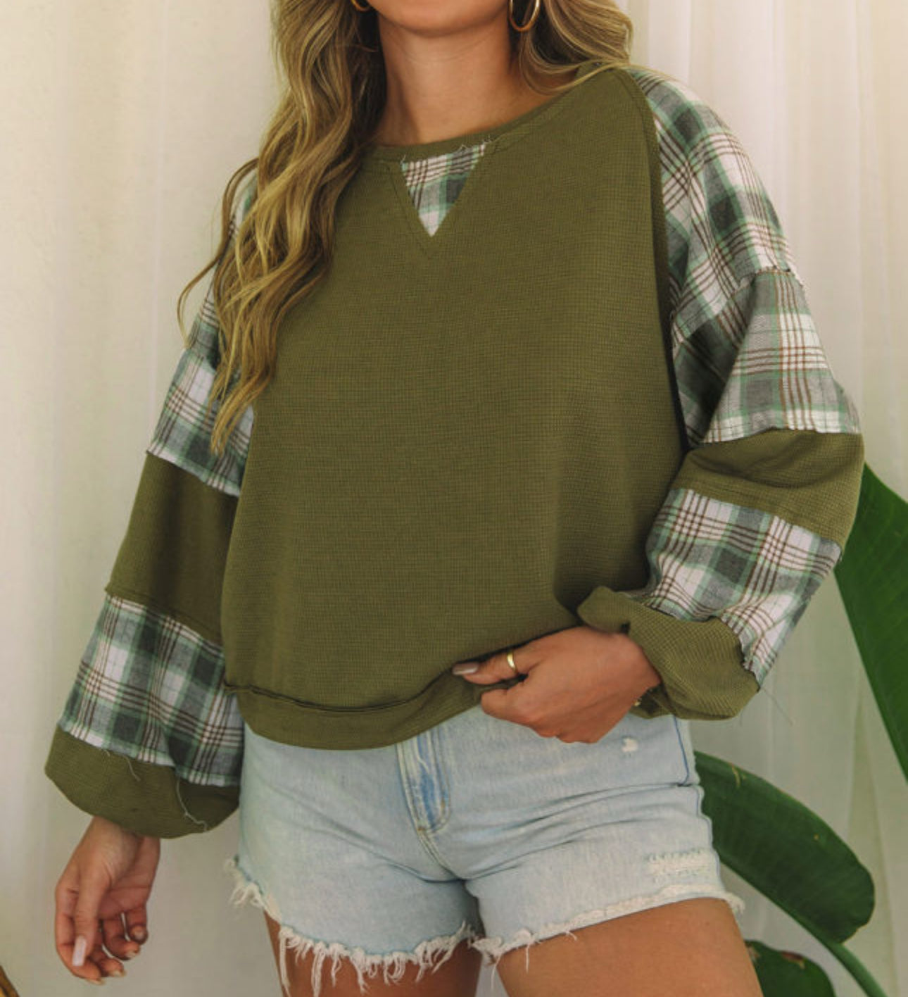 Patched Green Plaid Puff Sleeve Sweater