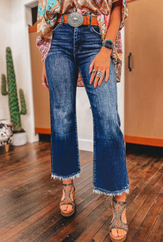 Dark Blue Mineral Washed Fringe Jeans