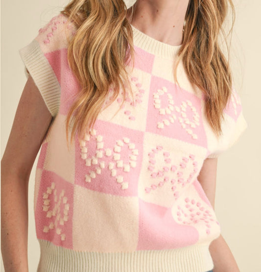 Pink and White Color Block Stitch Bow Sweater