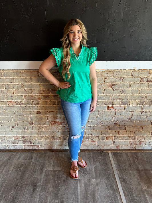 Green Layered Sleeve V Neck Blouse