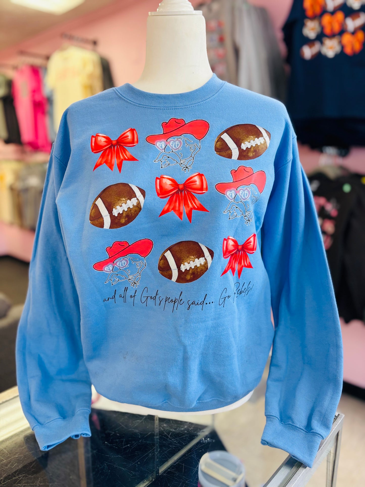 Blue Go Rebels Football & Bow Crewneck