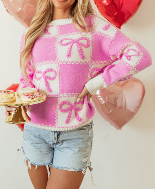 Pink and White Color Block Bow Sweater