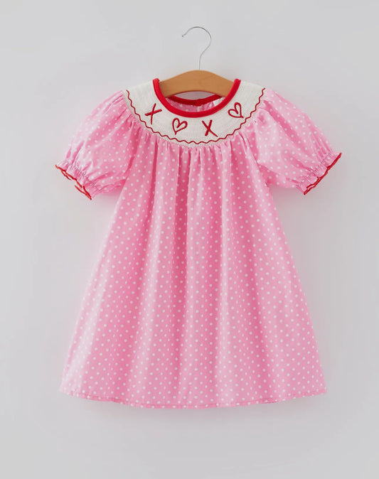 Girl’s V-Day Embroidered X & Heart Polka Dot Dress