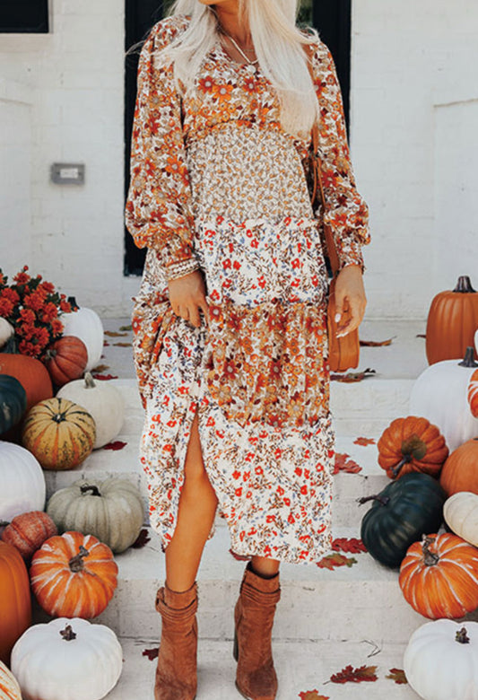 Ruffled Floral Printed Puff Sleeve Dress