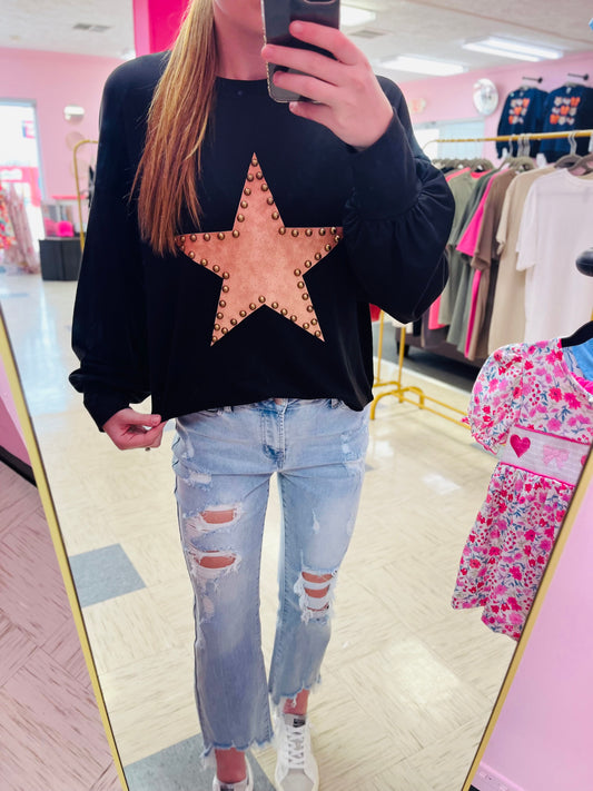 Brown Studded Star Black Long Sleeve Top