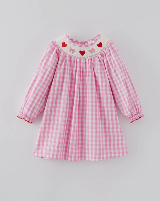 Girl’s V-Day Embroidered Heart & Bow Plaid Dress