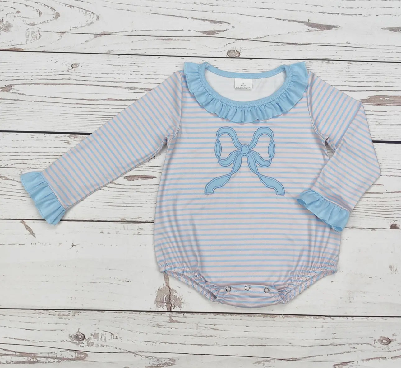 Baby Girl Blue Embroidered Bow Bubble