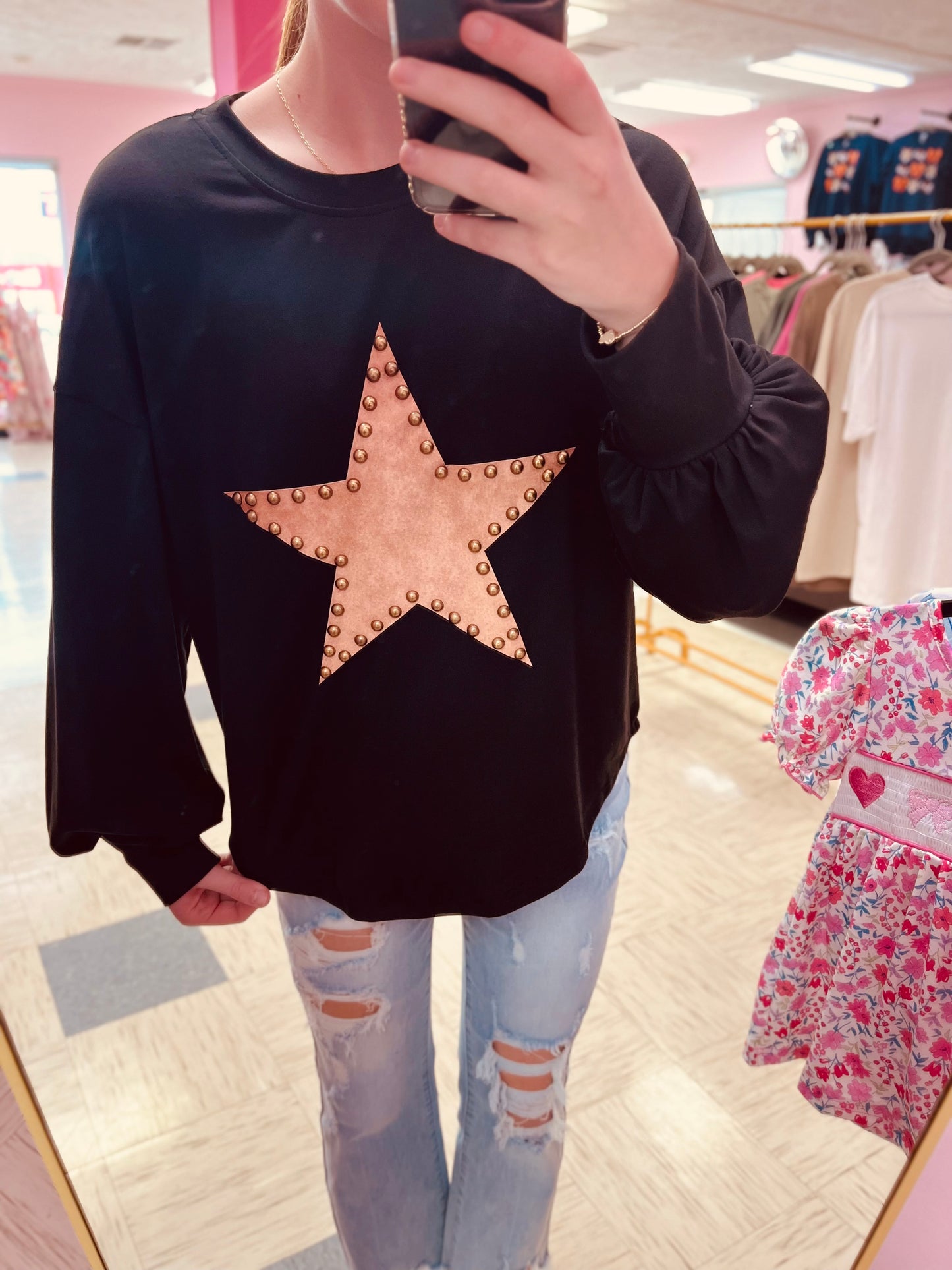 Brown Studded Star Black Long Sleeve Top