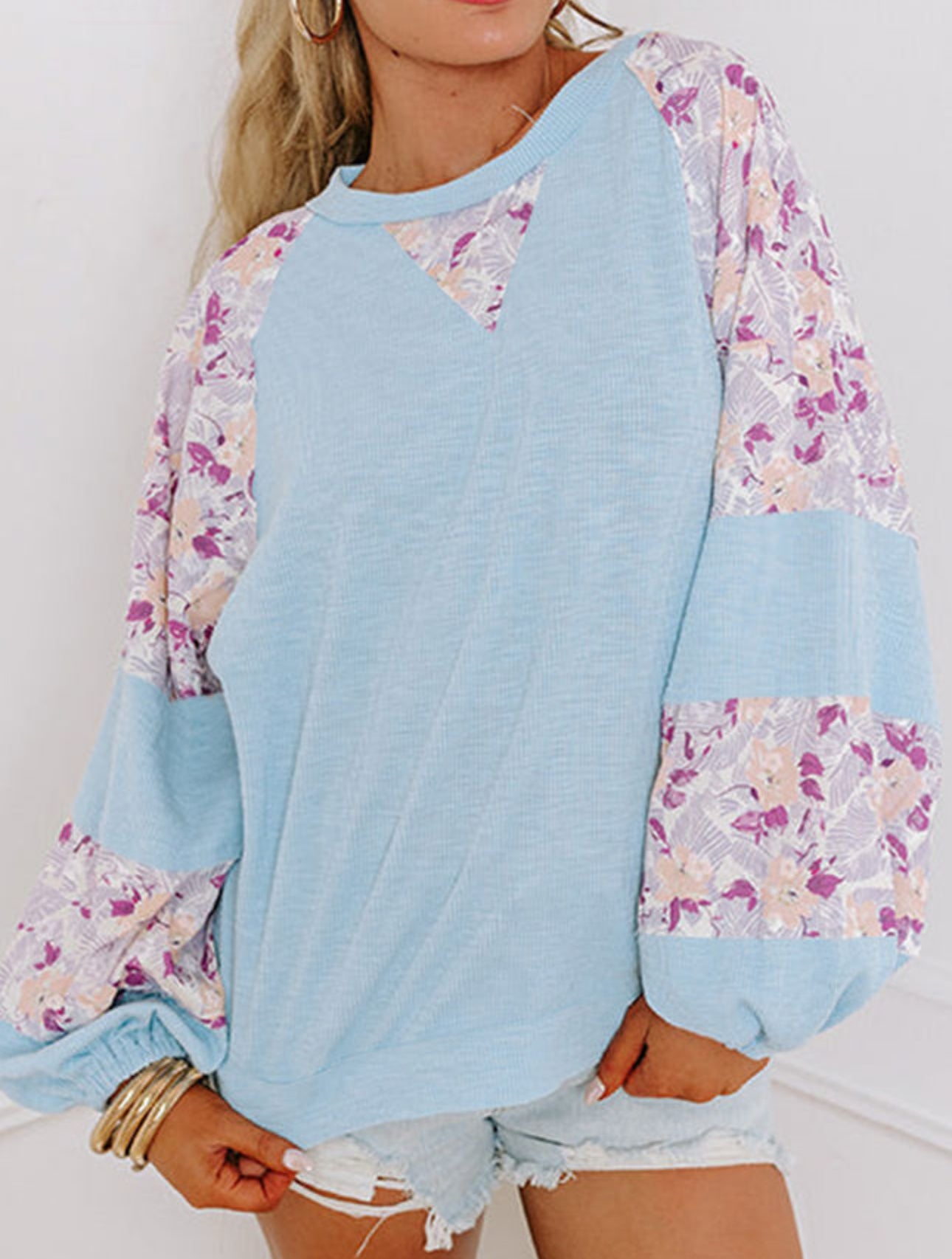 Blue Textured Floral Patch Puff Sleeve