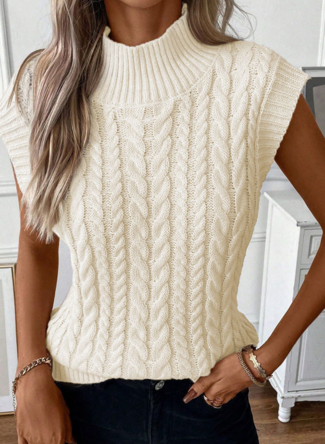 High Neck Cable Knit Sweater