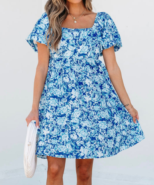 Blue Floral Puff Sleeve Babydoll Dress