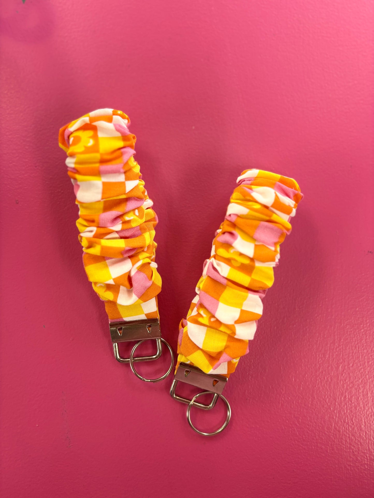 Orange & Pink Checkered Flower Scrunchie Keychain