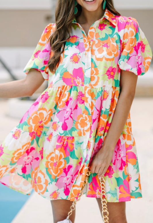 Pink & Orange Floral Puff Sleeved Dress