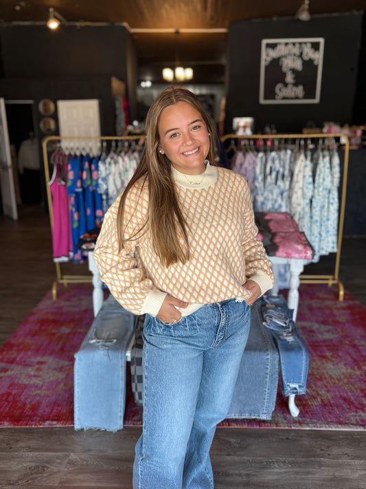 Cozy Diamond Knitted Mock Neck Sweater