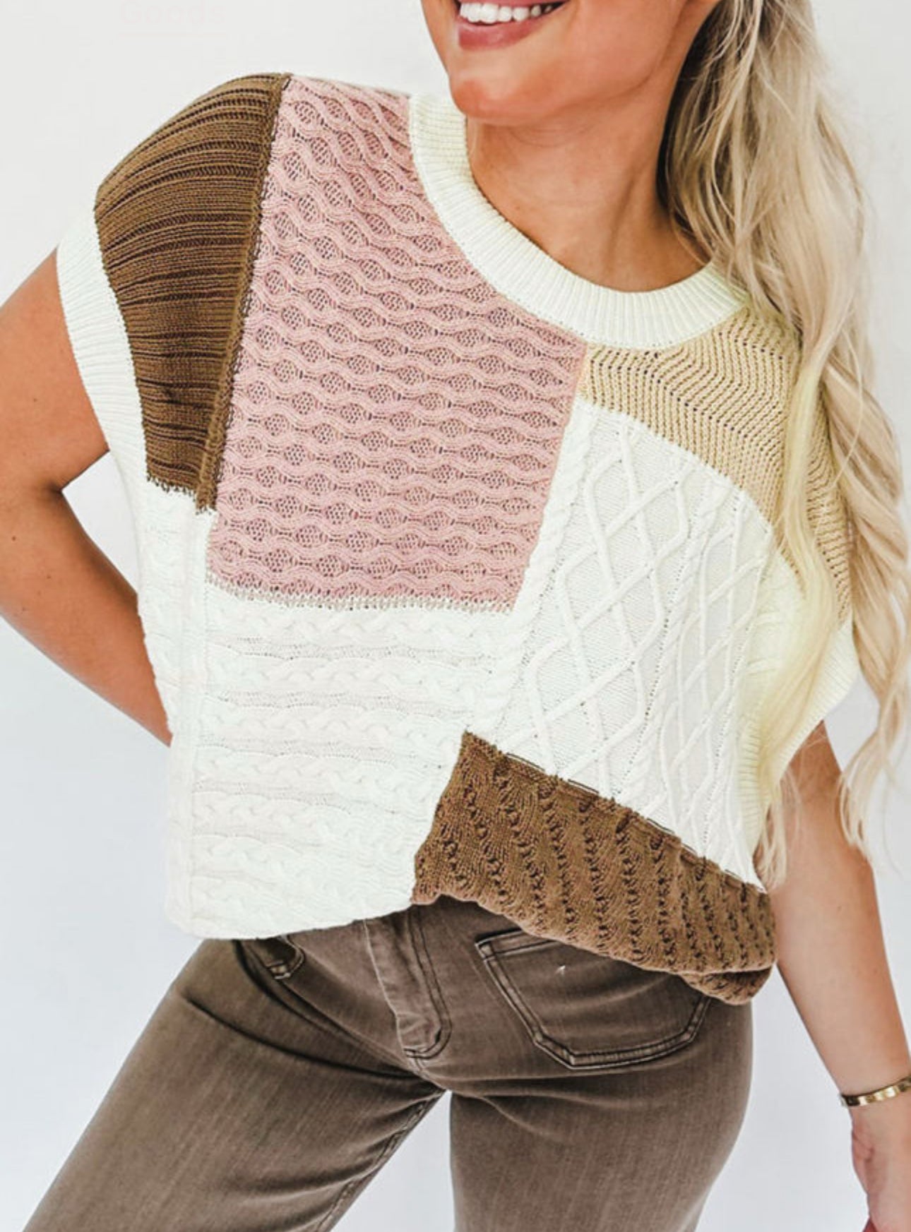 Color Blocked Pink and Brown Textured Sweater