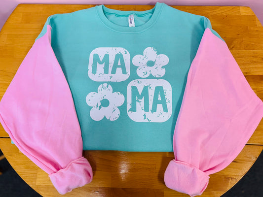 Mint Body & Pink Sleeve Crewneck