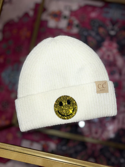 Kid’s White + yellow sparkle smiley face CC Beanie