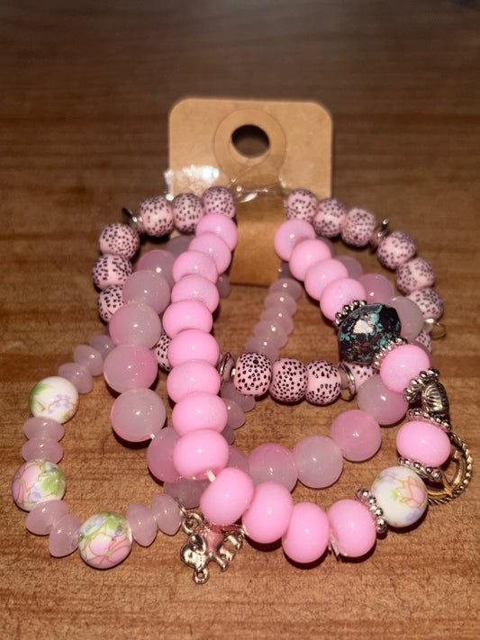 Pretty in Pink Floral Pendent Bracelet Set