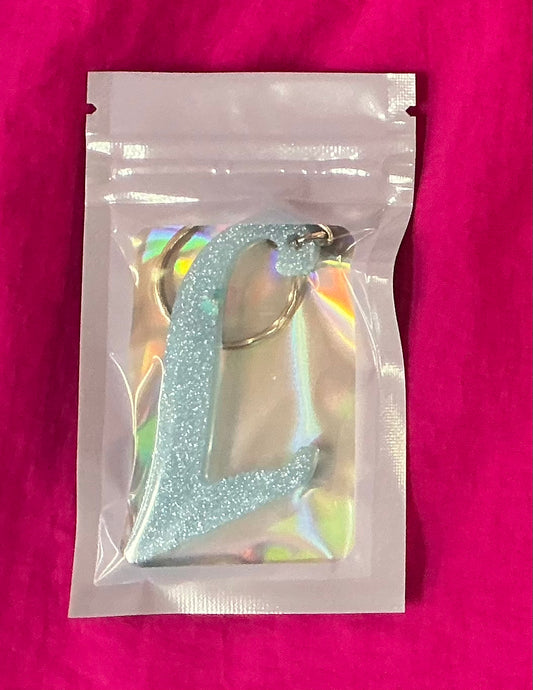 Mini Light Blue Glitter Letter L Keychain