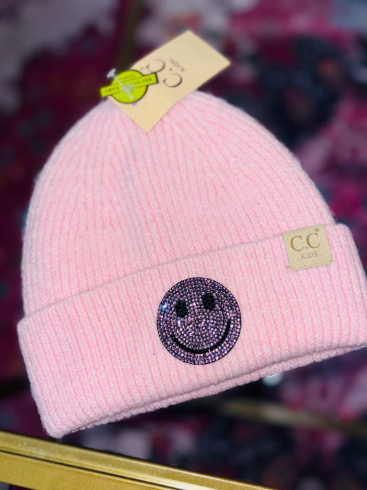 Kid’s Pink with purple sparkle smiley face CC Beanie