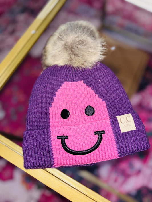 Kid’s Purple & Pink Smiley CC Beanie