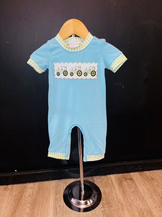 Boy Blue Tractor Appliqué Romper