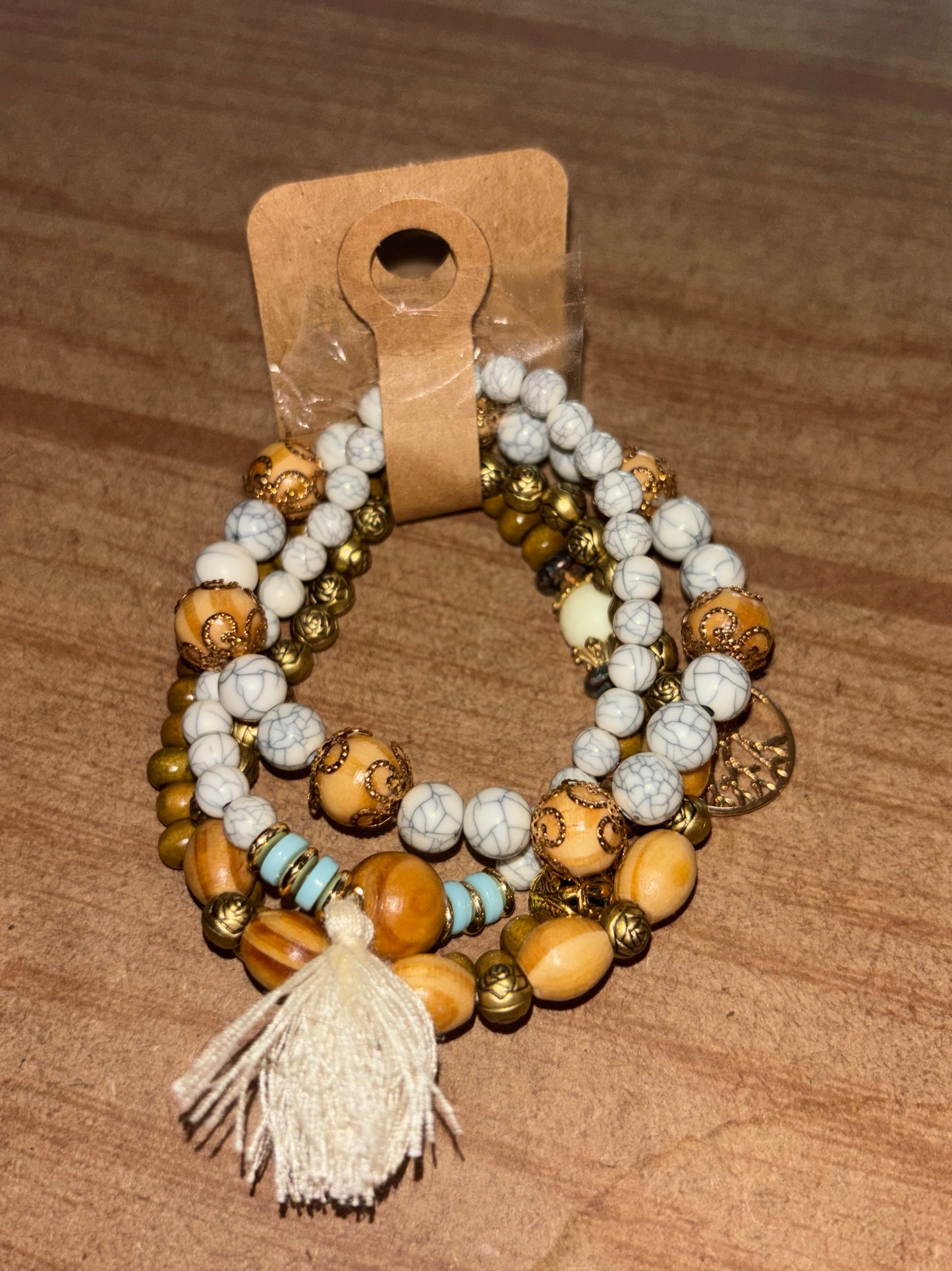 Brown & White Frayed Pendent Bracelet Set