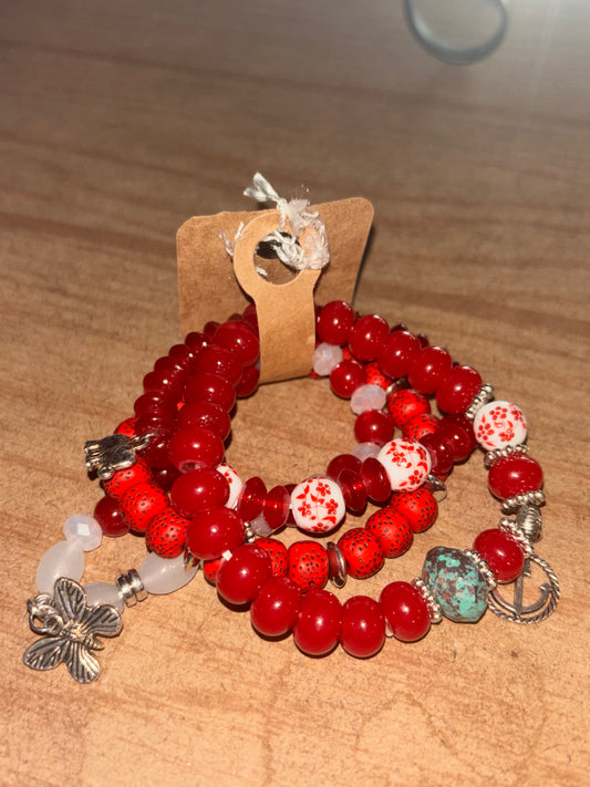 Cherry Red Butterfly Pendent Bracelet Set