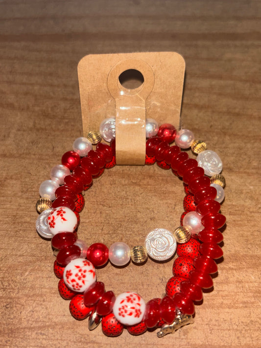 Red & Gold Floral Love Pendent Bracelet Set