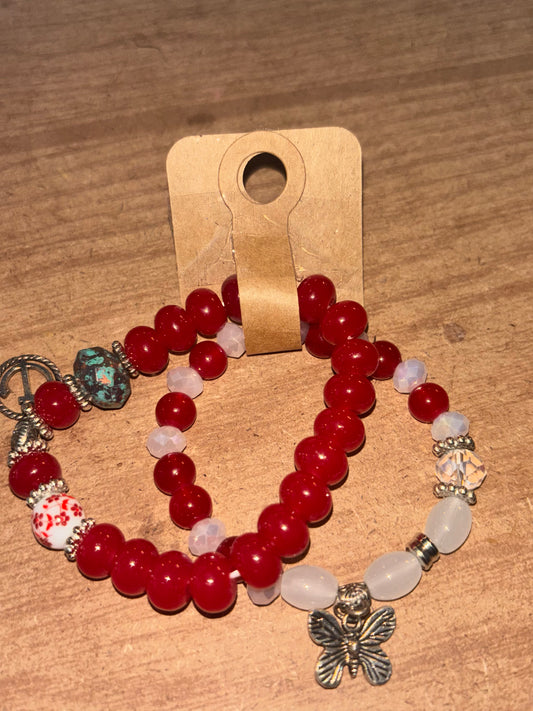 Red & White Butterfly Pendant Bracelet Set