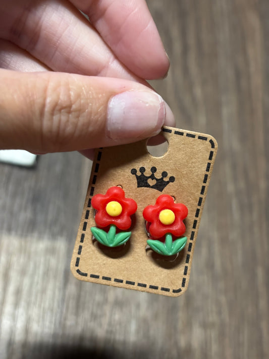 Red Flower Clip-on Earrings