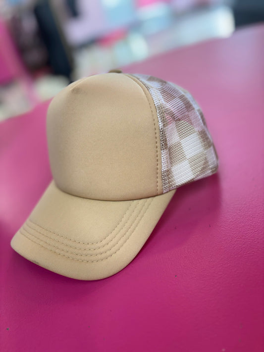 Cream Checkered Trucker Hat