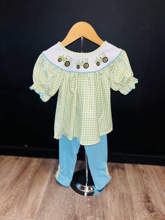 Girls Two Piece Tractor Smocked