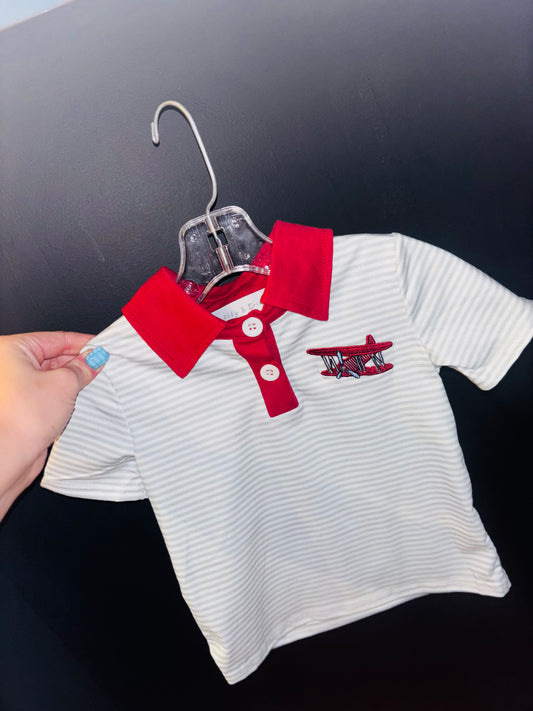 Boys Crimson Airplane Striped Polo