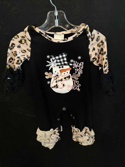 Snowman Leopard Print Ruffled Romper
