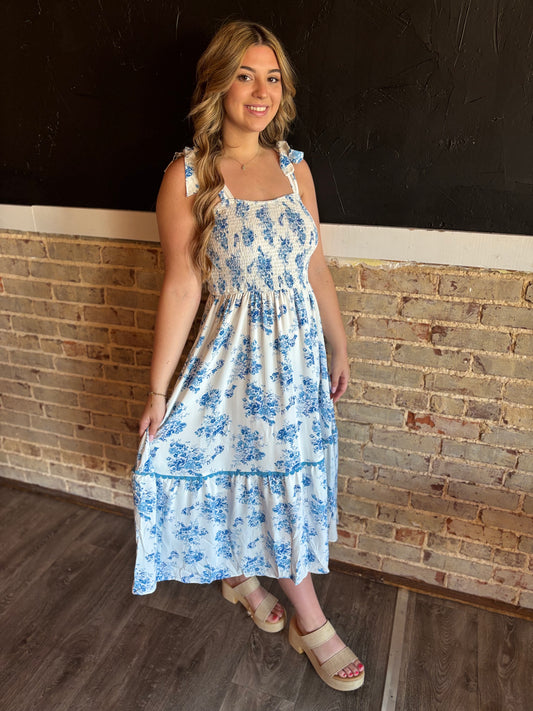 Blue Floral Knot Shoulder Dress