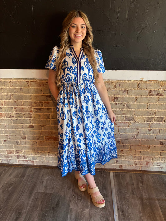 Blue Floral Puff Sleeve V Neck Dress