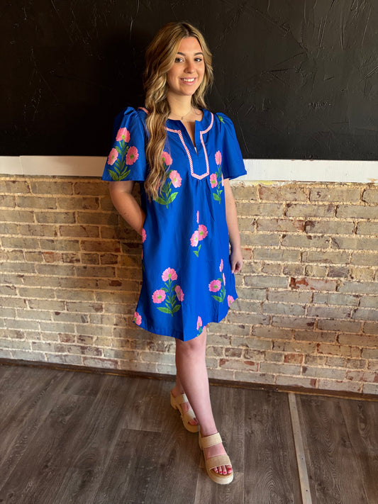 Dark Blue Floral Split Neck Dress