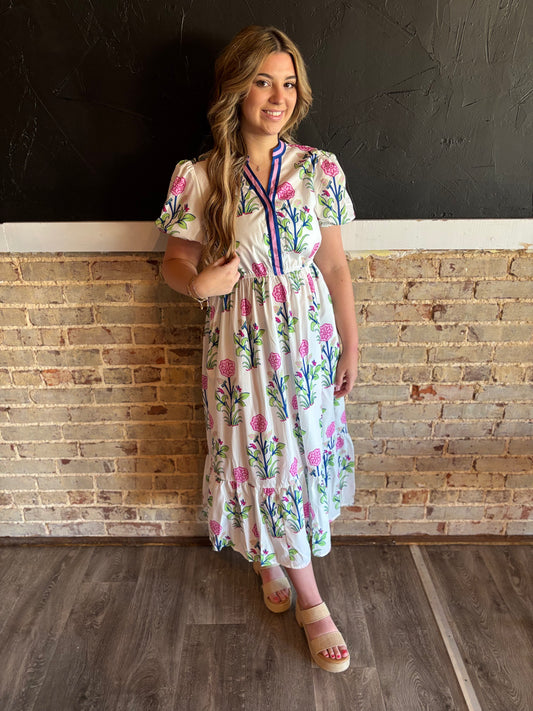 White Floral V Neck Dress