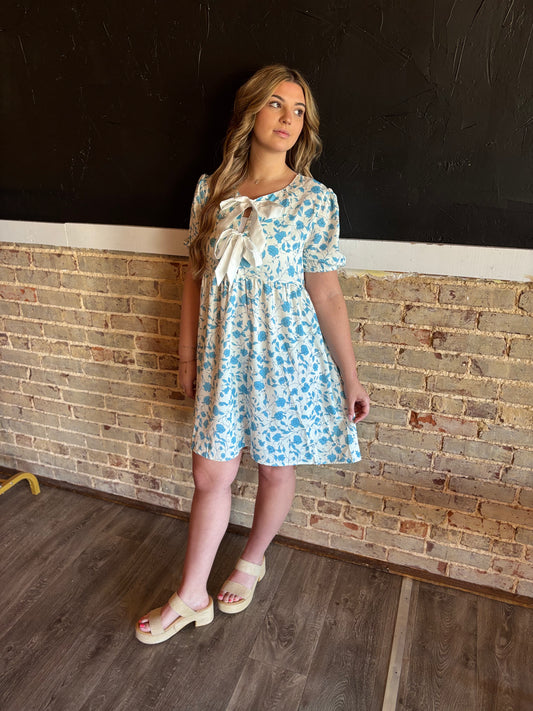 Blue Floral Bowtie Dress